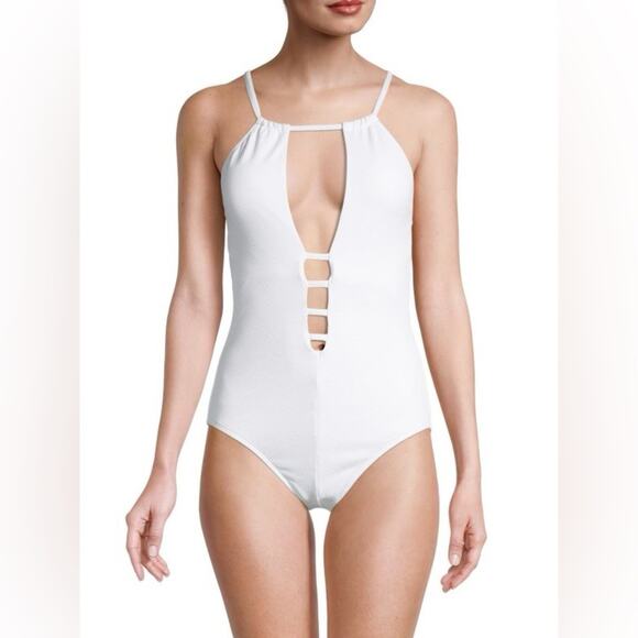 New RACHEL Rachel Roy Pique Lattice Cutout One Piece Swimsuit White Small - Picture 1 of 7